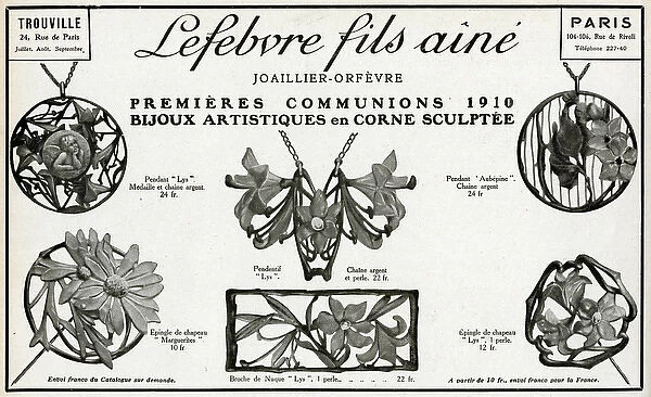 Advert for Lefebvre Fils Aine, art nouveau jewellery 1910