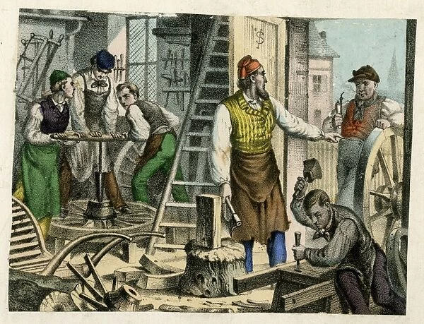 Busy scene in a wheelwrights workshop