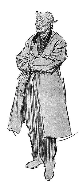 Character study by Phil May of an old man in a raincoat