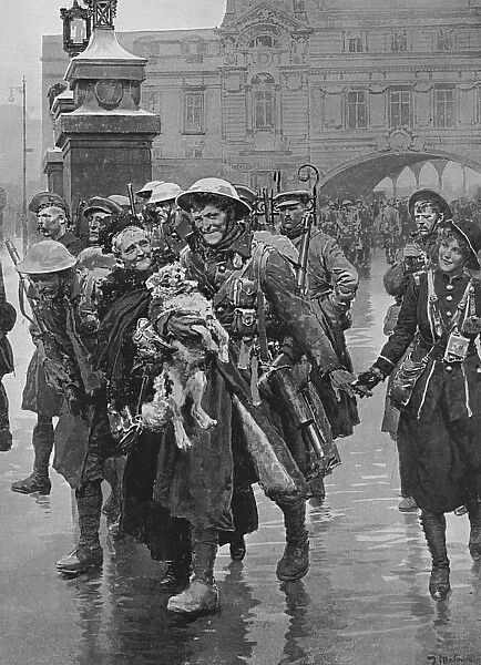 Christmas leave 1916, scene at Victoria station by Matania