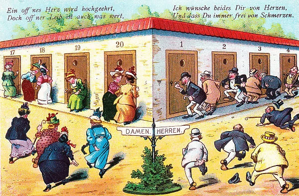 Comic German postcard -- health spa toilets