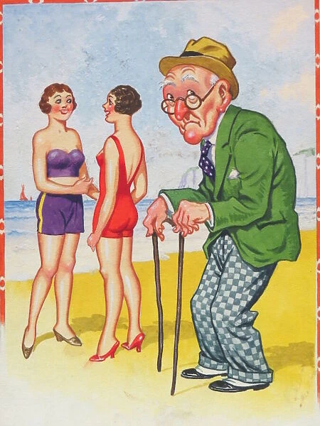 Comic postcard, Old man with pretty women on the beach