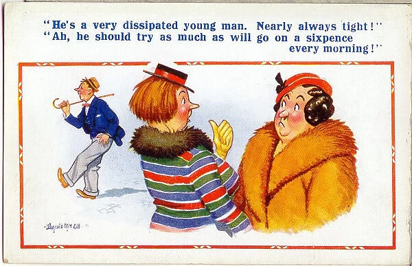 Comic postcard, Women discuss drunkard in street Date: 20th century