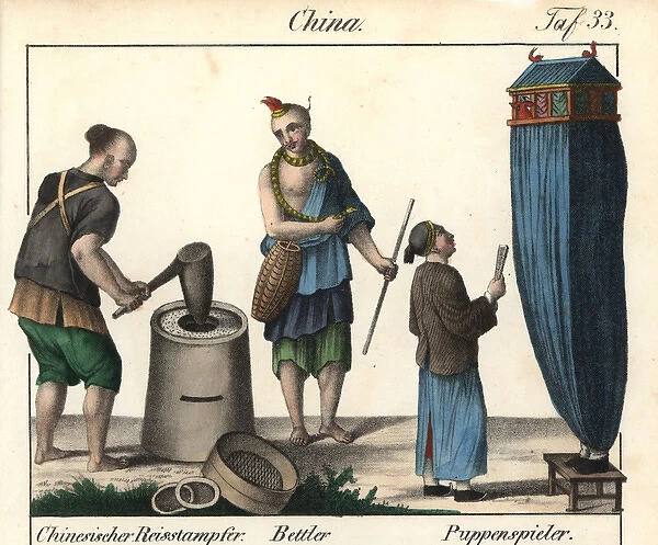 Costumes of China: rice-pounder, beggar and puppeteer