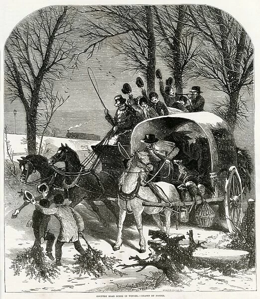 Country road scene in winter 1850