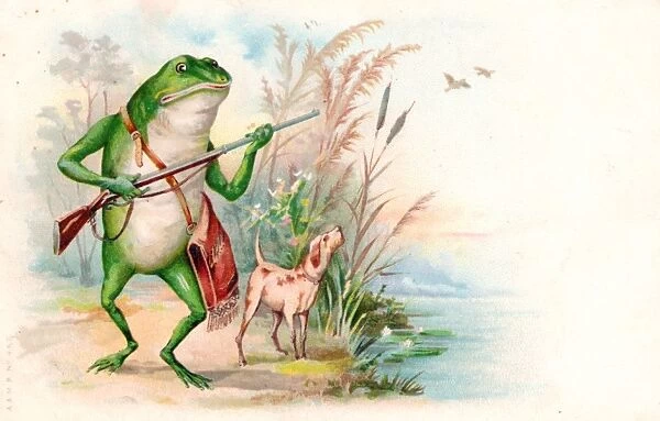 Frog huntsman and dog on a greetings postcard