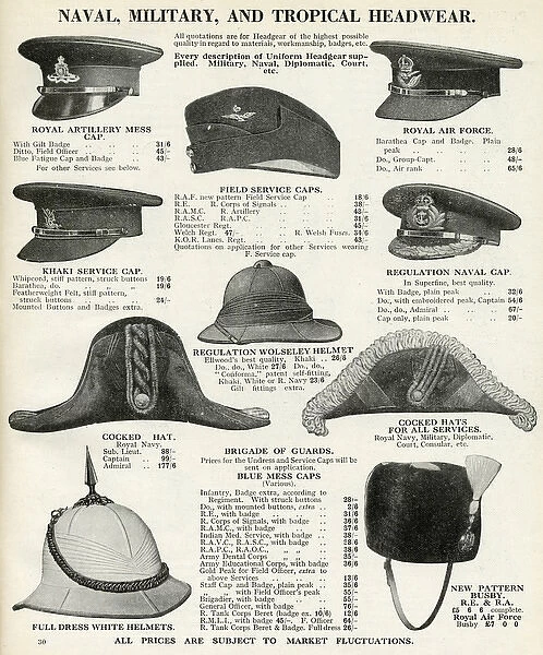Headwear for naval, military and tropical 1937