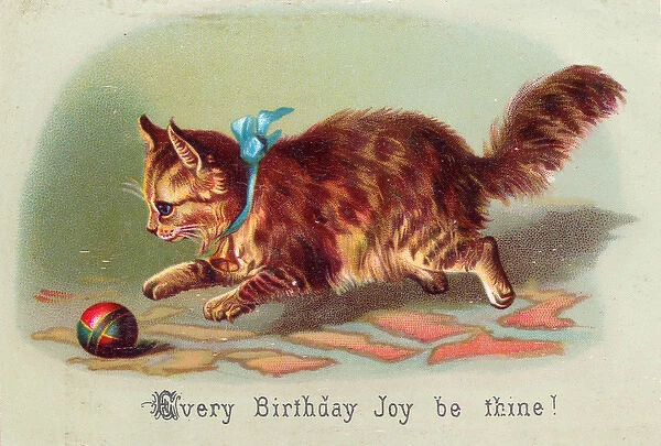 Kitten with ball on a birthday card
