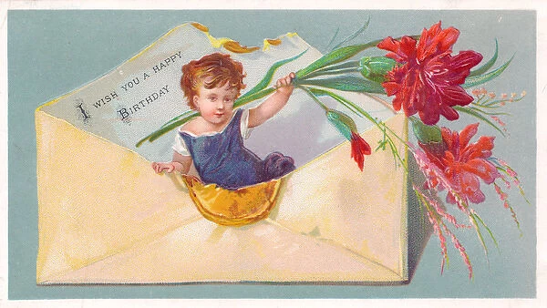 Little girl with flowers in an envelope on a birthday card