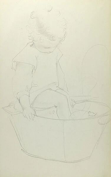 Pencil sketch of toddler in bathtub