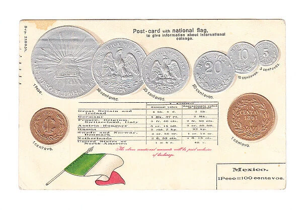 Postcard, Mexican flag and coins