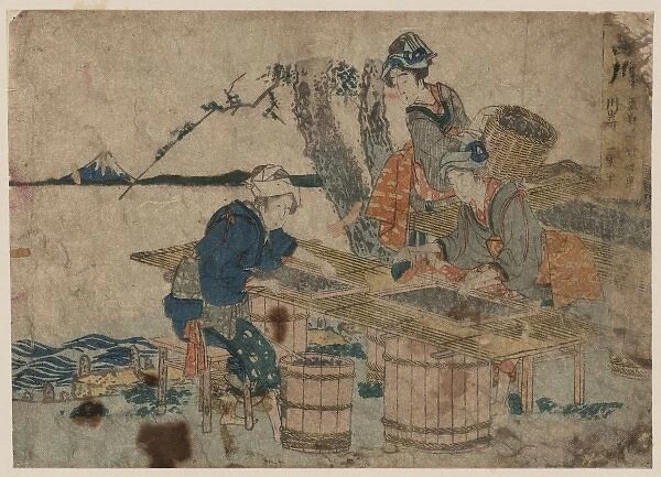 Shinagawa. Print shows three women sorting clams by size