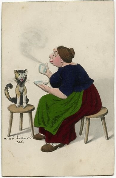 A stout, jolly housewifes enjoys a mid-morning cup of tea