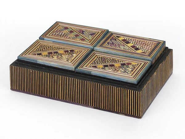 Box. Straw-work box decorated with an abstract geometric design in coloured