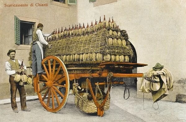 Wagon laden with fiasco Chianti bottles
