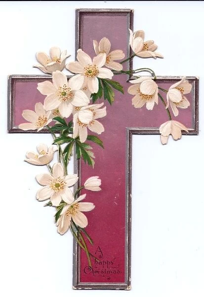 White flowers on a cross-shaped Christmas card