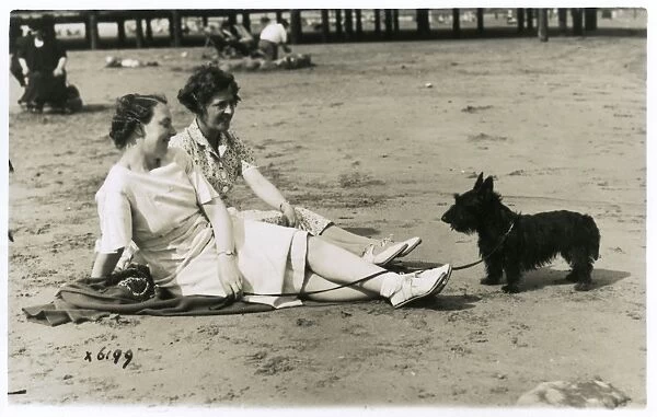 Two women on beach with Scots terrier