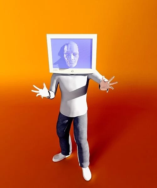 Man with computer screen head, artwork
