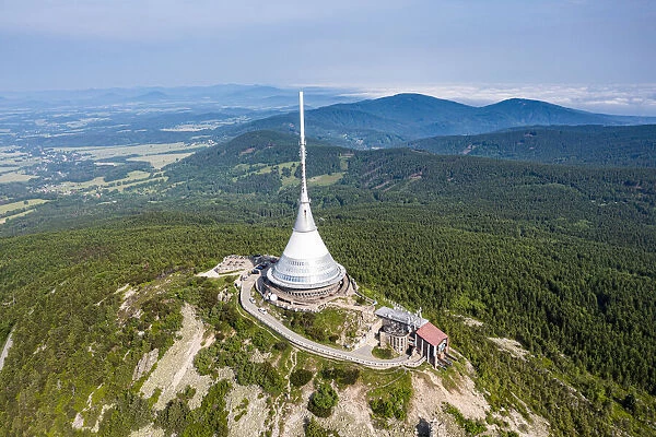 Aerial of the Jested Tower, a TV tower and hotel, the highest mountain peak of