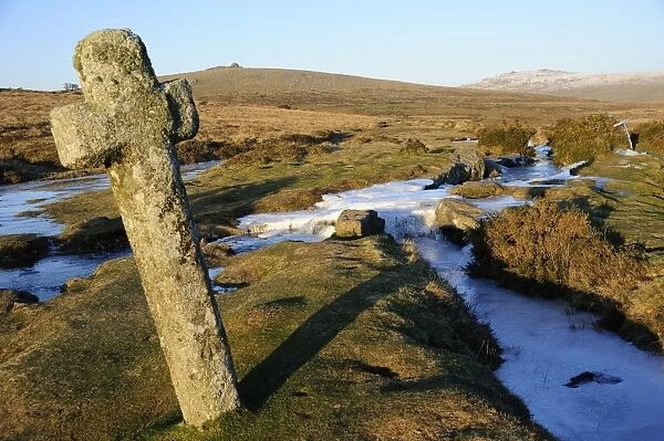 Ancient cross in winter, Whitchurch Common, Dartmoor National Park, Devon, England, United Kingdom, Europe