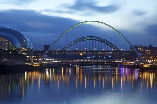 Gateshead Quays with Sage Gateshead and Millennium Bridge at night, Tyne and Wear, England, United Kingdom, Europe