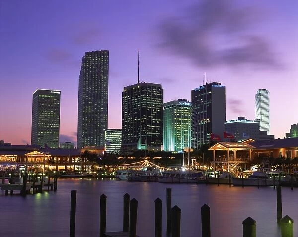 Marina and city skyline at dusk, Miami, Florida, United States of America, North America