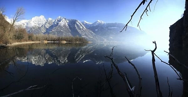 Panoramic view of Lake Mezzola in the fall, Chiavenna Valley, Valtellina, Lombardy