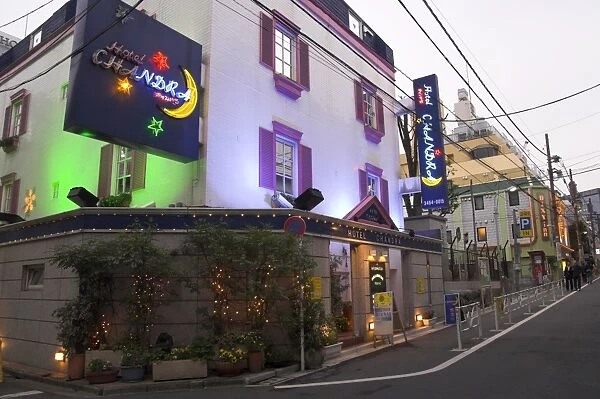 View at dusk of a street with row of love hotels