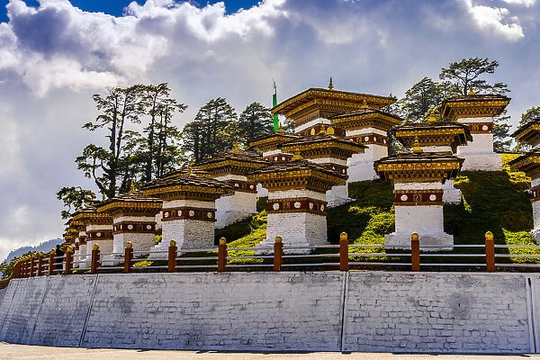 The 108 memorial chortens or stupas, Dochula Pass on the road from Thimpu to Punakha