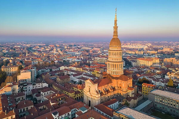 Aerial view of the Antonelli's dome and San Gaudenzio Basilica, at sunset in winter. Novara, Piedmont, Italy