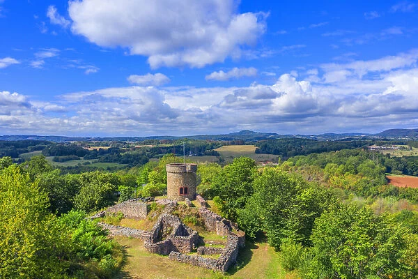 Aerial view at the Liebenburg castle ruin, Namborn, Saarland, Germany