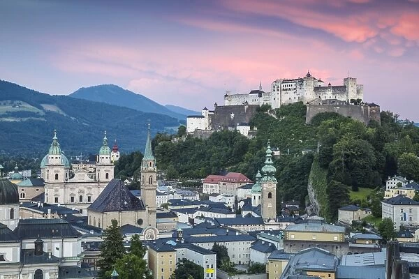 Austria, Salzburg, View of Hohensalzburg Castle above The Old City