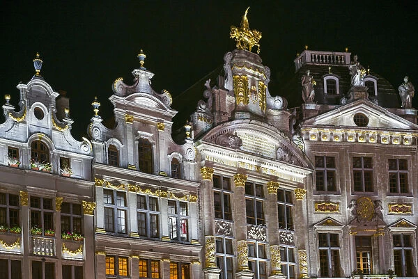 Belgium, Brussels, Grand Place, evening illumination of the Guild Halls