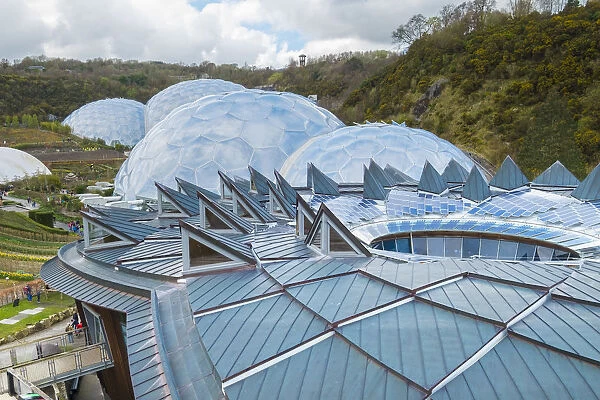 Biomes and The Core centre in the foreground, Eden Project, Cornwall, England, UK
