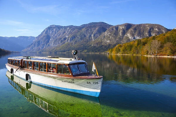 Ferry boat on idyllic Lake Bohinj, Triglav National Park, Slovenia