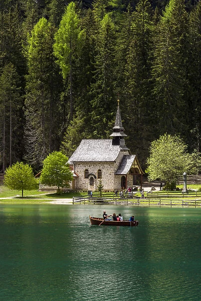 Lake Braies or Pragser Wildsee with Marienkapelle chapel, South Tyrol, Italy