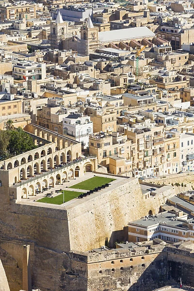 Malta, South Eastern Region, Valletta. Aerial view of Upper Barrakka Gardens