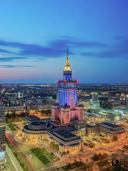 Palace of Culture and Science at dusk, elevated view, Warsaw, Masovian Voivodeship, Poland