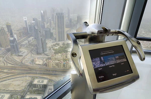 UAE, Dubai, Sheikh Zayed Road from Burj Khalifa, A Behold Telescope, Electronic Telescope
