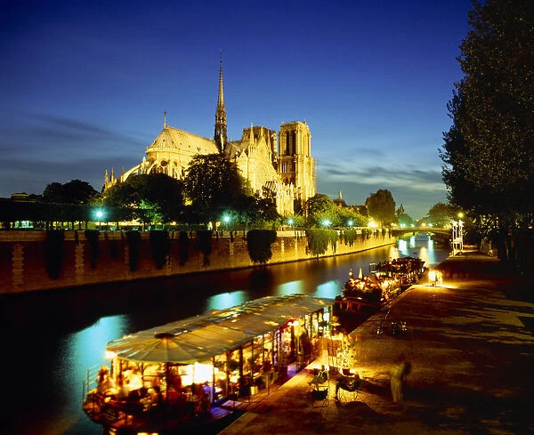 10005529. FRANCE Ile de France Paris Notre Dame floodlit at night with restaurant