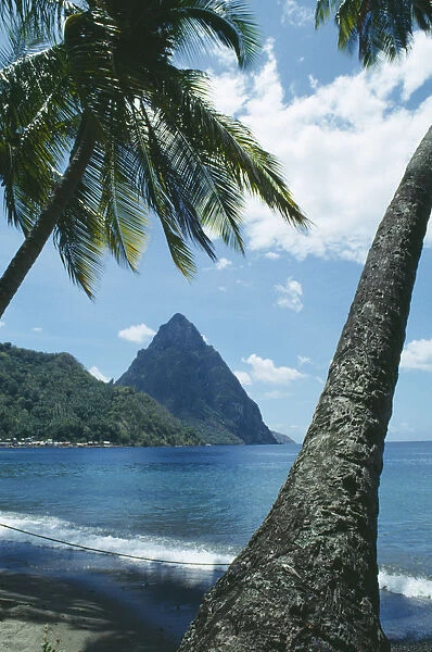 10061723. ST LUCIA Soufriere The Pitons framed by palm trees on beach in the foreground