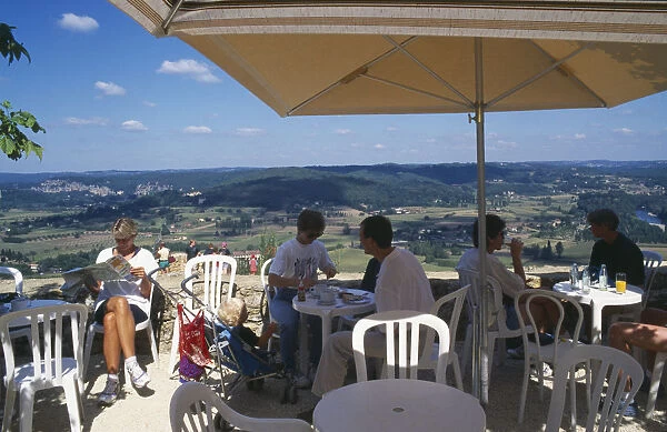 10062586. FRANCE Aquitaine Domme Restaurant with view over valley