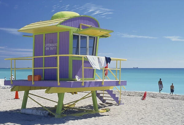10065351. USA Florida Miami Yellow green and lilac lifeguard hut on Miami beach