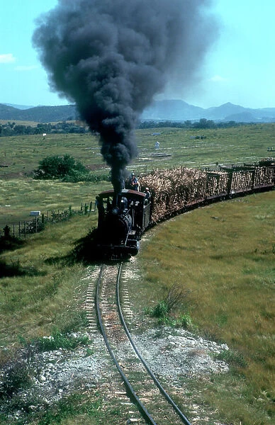 10125587. CUBA Holguin Train transporting sugar cane with plumes of black smoke pouring