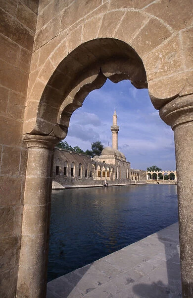 10127718. TURKEY Urfa Sanliurfa Rizvaniye Camii and fish lake seen through stone archway