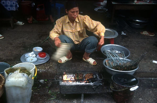 20002462. Vietnam, Hanoi, Woman cooking at curb side food stall