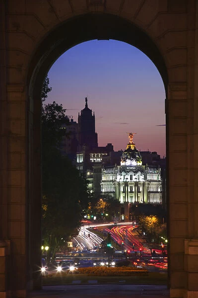 20074377. SPAIN Madrid Night time view along Calle de Alcala towards the Gran Via