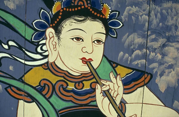 20076073. south korea, arts, painting, detail of figure in a buddhist temple painting