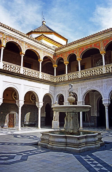 20085878. SPAIN Andalucia Seville House of Pilatos Building and fountain in the courtyard