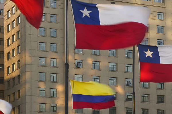 20086459. CHILE Santiago Chilean national flags flying in Plaza de la Constitucion